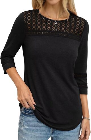 TICTICMIMI Womens Hollow Out Lace Tunic Tops Crewneck 3/4 Sleeve Blouses Dressy Casual Fashion Trendy Curved Hem Shirts 2026 in Kuwait