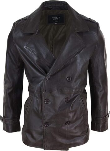 TruClothing Mens Real Leather 3/4 Double Breasted Pea Coat Sherlock Brown Sailor Classic in Saudi Arabia