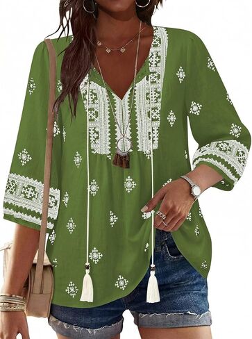 Poetsky Women's Casual 3/4 Sleeve Babydoll Tunic Tops Boho Floral Print V Neck Tie Front Summer Flowy Peplum Blouses Shirts in Saudi Arabia