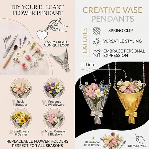 2 PCS Flower Holder Necklace Set, Wearable Flower Vase Necklace for Small Bouquets，in Gold and Silver for Hands-Free Floral Display in Saudi Arabia