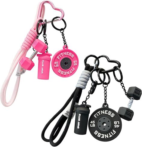 Fitness Keychain Set with 2 Barbell Charms,Gym Keychain for Women,Black and Pink PVC Keychain Accessories for Gym Bags and Personal Items, Ideal for Fitness Enthusiasts and Gift Giving in Saudi Arabia