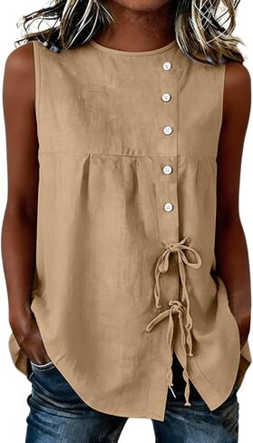 Summer Tank Tops for Women Tie Front Cotton Linen Gauze Shirts Casual Loose Fit Sleeveless Beach Boho Blouses in Kuwait