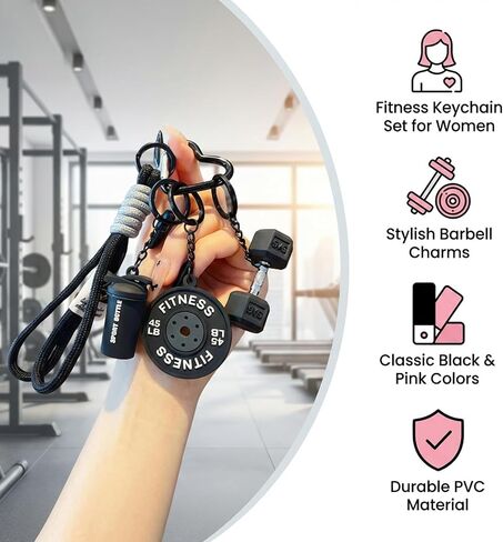 Fitness Keychain Set with 2 Barbell Charms,Gym Keychain for Women,Black and Pink PVC Keychain Accessories for Gym Bags and Personal Items, Ideal for Fitness Enthusiasts and Gift Giving in Saudi Arabia