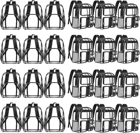 Amylove 12 Pack Clear Backpack Bulk for School, 17 Inch Large Heavy Duty Clear Bookbag with Reinforced Straps Pockets for Stadium College (Black) in Kuwait