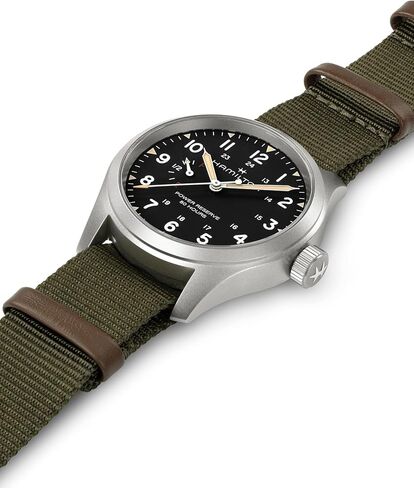 Hamilton Khaki Field Mechanical Mens Watch, 40mm Stainless Steel Case, Swiss Made, Black Dial Analog Wrist Watch for Mens 100 Meters Water resitance, Sapphire Crystal, 3-Hand Movement, NATO Strap in Kuwait