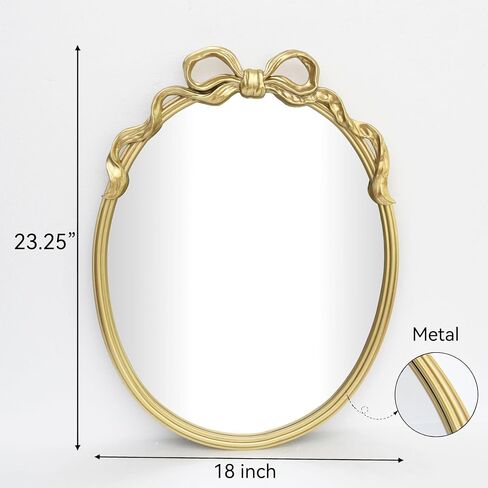 Oval Wall Mirror with Gold Finish, Iron Frame with Decorative Bow Design, Elegant Vintage Style in Kuwait