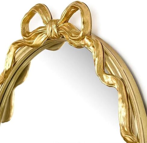 Oval Wall Mirror with Gold Finish, Iron Frame with Decorative Bow Design, Elegant Vintage Style in Kuwait
