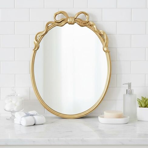 Oval Wall Mirror with Gold Finish, Iron Frame with Decorative Bow Design, Elegant Vintage Style in Kuwait