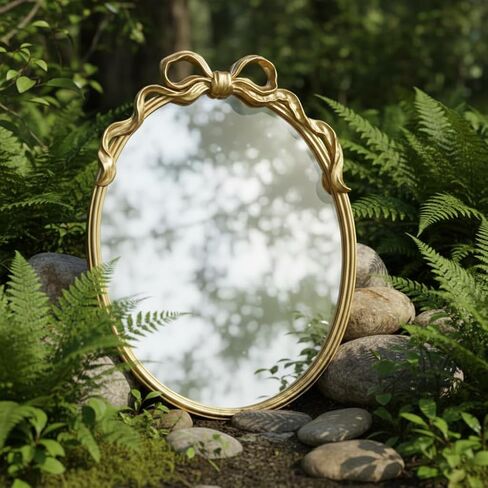 Oval Wall Mirror with Gold Finish, Iron Frame with Decorative Bow Design, Elegant Vintage Style in Kuwait