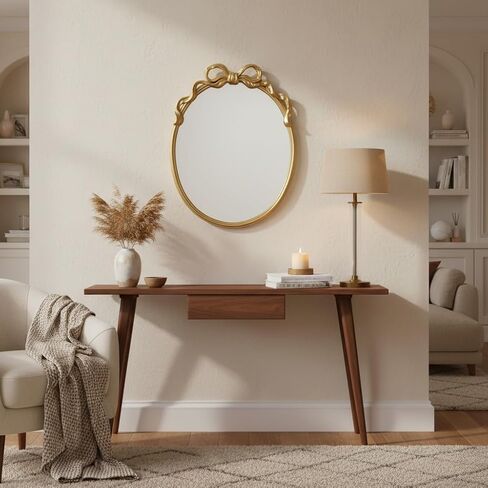 Oval Wall Mirror with Gold Finish, Iron Frame with Decorative Bow Design, Elegant Vintage Style in Kuwait