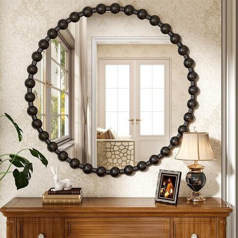 36 Inch Black Round Mirror for Wall, Modern Circle Mirror with Decorative Beaded Frame, High-Definition Vanity Mirror for Bathroom, Living Room, Bedroom, Entryway in Saudi Arabia