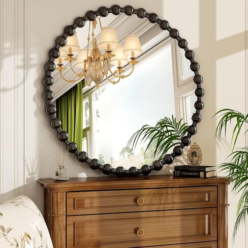 36 Inch Black Round Mirror for Wall, Modern Circle Mirror with Decorative Beaded Frame, High-Definition Vanity Mirror for Bathroom, Living Room, Bedroom, Entryway in Saudi Arabia