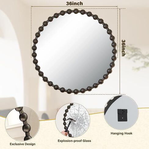 36 Inch Black Round Mirror for Wall, Modern Circle Mirror with Decorative Beaded Frame, High-Definition Vanity Mirror for Bathroom, Living Room, Bedroom, Entryway in Saudi Arabia