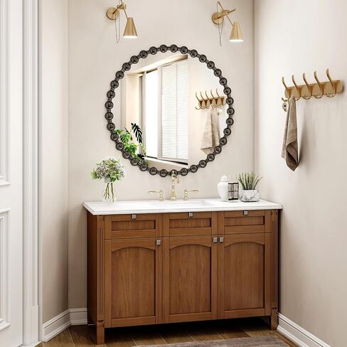 36 Inch Black Round Mirror for Wall, Modern Circle Mirror with Decorative Beaded Frame, High-Definition Vanity Mirror for Bathroom, Living Room, Bedroom, Entryway in Saudi Arabia