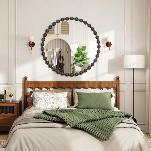 36 Inch Black Round Mirror for Wall, Modern Circle Mirror with Decorative Beaded Frame, High-Definition Vanity Mirror for Bathroom, Living Room, Bedroom, Entryway in Saudi Arabia