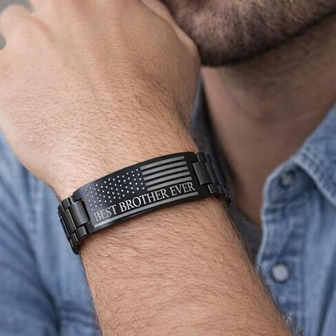 Angyape Best Brother Ever Bracelet, Once A Brother Always A Brothers Engraved American Flag Stainless Steel Link Chain Black Metal Wristband Meaningful Birthday Gift Jewelry For Men in Kuwait