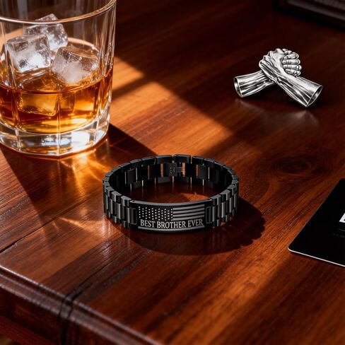 Angyape Best Brother Ever Bracelet, Once A Brother Always A Brothers Engraved American Flag Stainless Steel Link Chain Black Metal Wristband Meaningful Birthday Gift Jewelry For Men in Kuwait