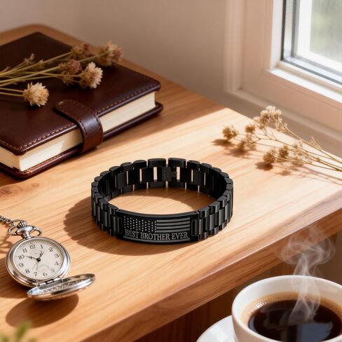 Angyape Best Brother Ever Bracelet, Once A Brother Always A Brothers Engraved American Flag Stainless Steel Link Chain Black Metal Wristband Meaningful Birthday Gift Jewelry For Men in Kuwait