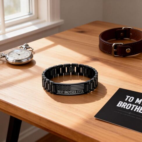 Angyape Best Brother Ever Bracelet, Once A Brother Always A Brothers Engraved American Flag Stainless Steel Link Chain Black Metal Wristband Meaningful Birthday Gift Jewelry For Men in Kuwait