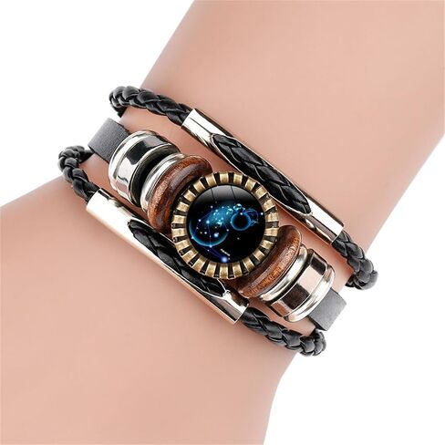 Constellation Black Braided Leather Bracelet Sagittarius Scorpio Pisces Braided Glass Dome Punk Men's Bracelet in Saudi Arabia