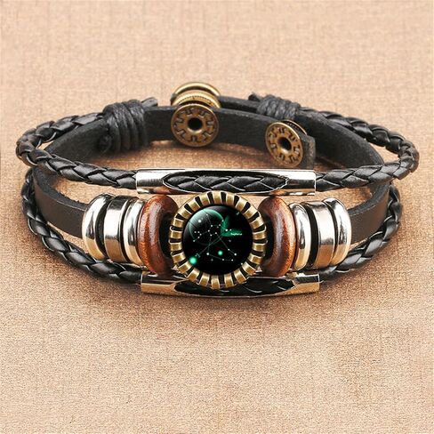 Constellation Black Braided Leather Bracelet Sagittarius Scorpio Pisces Braided Glass Dome Punk Men's Bracelet in Saudi Arabia