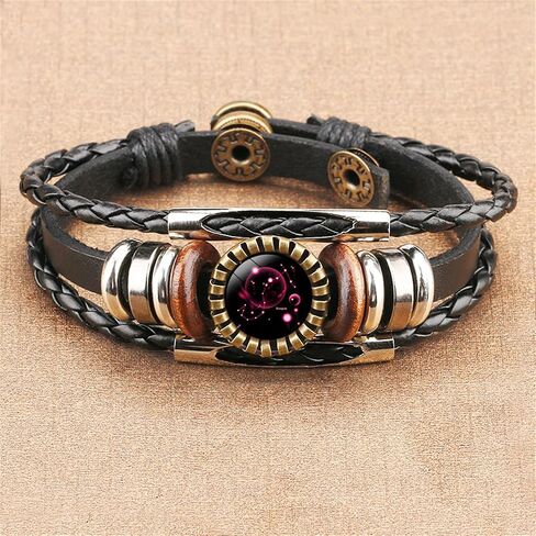 Constellation Black Braided Leather Bracelet Sagittarius Scorpio Pisces Braided Glass Dome Punk Men's Bracelet in Saudi Arabia