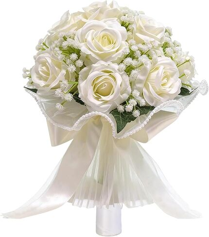 16 Ivory White Artificial Roses Wedding Bouquet for Bride, Handmade with Pearl Veil, Baby‘s Breath, Eucalyptus – 9“ Bridal Bouquet for Bridesmaid, Valentine’s Day in Saudi Arabia