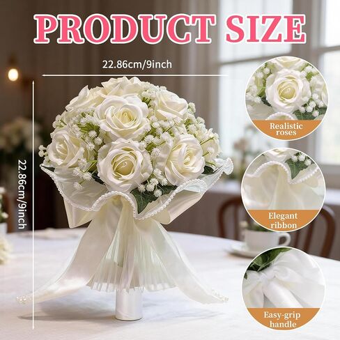 16 Ivory White Artificial Roses Wedding Bouquet for Bride, Handmade with Pearl Veil, Baby‘s Breath, Eucalyptus – 9“ Bridal Bouquet for Bridesmaid, Valentine’s Day in Saudi Arabia