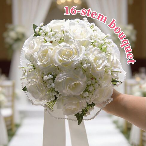 16 Ivory White Artificial Roses Wedding Bouquet for Bride, Handmade with Pearl Veil, Baby‘s Breath, Eucalyptus – 9“ Bridal Bouquet for Bridesmaid, Valentine’s Day in Saudi Arabia