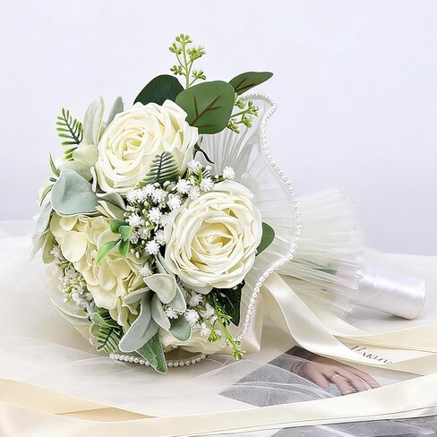 16 Ivory White Artificial Roses Wedding Bouquet for Bride, Handmade with Pearl Veil, Baby‘s Breath, Eucalyptus – 9“ Bridal Bouquet for Bridesmaid, Valentine’s Day in Saudi Arabia