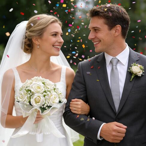16 Ivory White Artificial Roses Wedding Bouquet for Bride, Handmade with Pearl Veil, Baby‘s Breath, Eucalyptus – 9“ Bridal Bouquet for Bridesmaid, Valentine’s Day in Saudi Arabia