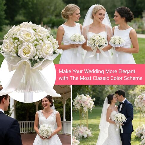 16 Ivory White Artificial Roses Wedding Bouquet for Bride, Handmade with Pearl Veil, Baby‘s Breath, Eucalyptus – 9“ Bridal Bouquet for Bridesmaid, Valentine’s Day in Saudi Arabia