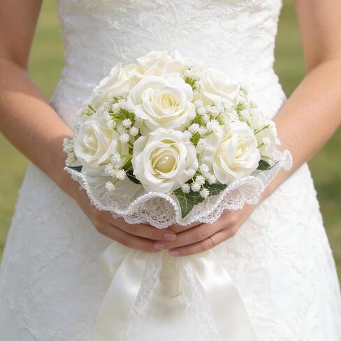 16 Ivory White Artificial Roses Wedding Bouquet for Bride, Handmade with Pearl Veil, Baby‘s Breath, Eucalyptus – 9“ Bridal Bouquet for Bridesmaid, Valentine’s Day in Saudi Arabia