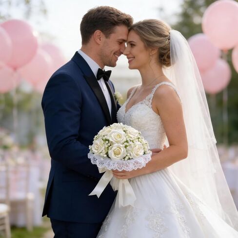 16 Ivory White Artificial Roses Wedding Bouquet for Bride, Handmade with Pearl Veil, Baby‘s Breath, Eucalyptus – 9“ Bridal Bouquet for Bridesmaid, Valentine’s Day in Saudi Arabia