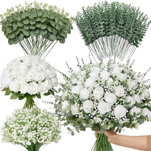 Serwalin 120 Pcs Mixed Eucalyptus Greenery Stems, White Silk Roses and Babys Breath Artificial Flowers for DIY Wedding Bouquets Home Party Arrangement Floral Vase Decor in Saudi Arabia