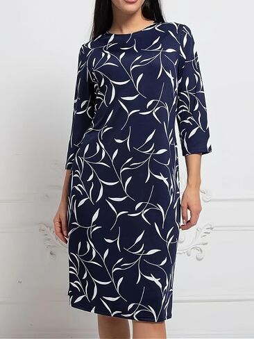 Women Elegant Leaf Print 3/4 Sleeve Midi Dress Stylish Casual Office Wear Comfortable Stretch Timeless Floral Pattern in Kuwait