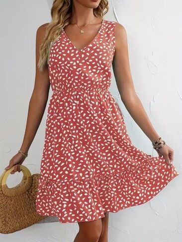 Women's Sleeveless Ruffle Hem A-Line Mini Dress, V-Neck Elastic Waist Casual Chic Everyday Brunch Vacation Dress in Kuwait
