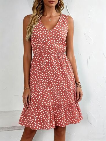 Women's Sleeveless Ruffle Hem A-Line Mini Dress, V-Neck Elastic Waist Casual Chic Everyday Brunch Vacation Dress in Kuwait