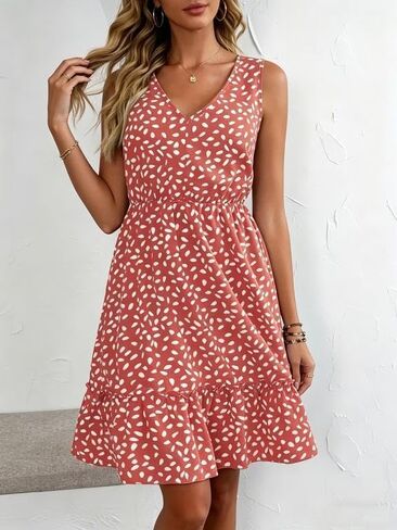 Women's Sleeveless Ruffle Hem A-Line Mini Dress, V-Neck Elastic Waist Casual Chic Everyday Brunch Vacation Dress in Kuwait