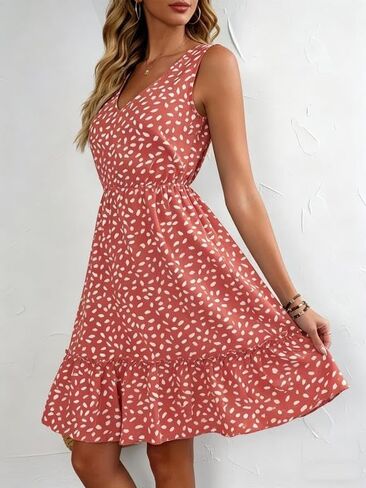 Women's Sleeveless Ruffle Hem A-Line Mini Dress, V-Neck Elastic Waist Casual Chic Everyday Brunch Vacation Dress in Kuwait