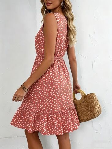 Women's Sleeveless Ruffle Hem A-Line Mini Dress, V-Neck Elastic Waist Casual Chic Everyday Brunch Vacation Dress in Kuwait