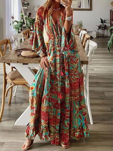 Women's Boho Floral Print Maxi Dress Bell Sleeve V Neck Tie Waist Ruffle Hem Flowy Long Dress for Beach Vacation,Large in Kuwait