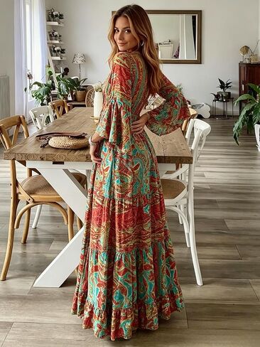 Women's Boho Floral Print Maxi Dress Bell Sleeve V Neck Tie Waist Ruffle Hem Flowy Long Dress for Beach Vacation,Large in Kuwait