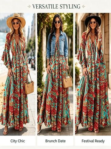 Women's Boho Floral Print Maxi Dress Bell Sleeve V Neck Tie Waist Ruffle Hem Flowy Long Dress for Beach Vacation,Large in Kuwait