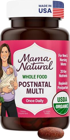 Mama Natural Organic Postnatal Vitamins for Women | One A Day Whole Food Postnatal Multivitamin for Breastfeeding & Postpartum Support | Non-GMO with Iron, Iodine & Moringa | 30 Servings in Saudi Arabia