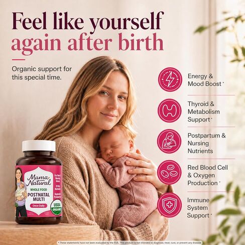 Mama Natural Organic Postnatal Vitamins for Women | One A Day Whole Food Postnatal Multivitamin for Breastfeeding & Postpartum Support | Non-GMO with Iron, Iodine & Moringa | 30 Servings in Saudi Arabia