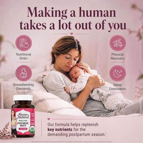 Mama Natural Organic Postnatal Vitamins for Women | One A Day Whole Food Postnatal Multivitamin for Breastfeeding & Postpartum Support | Non-GMO with Iron, Iodine & Moringa | 30 Servings in Saudi Arabia