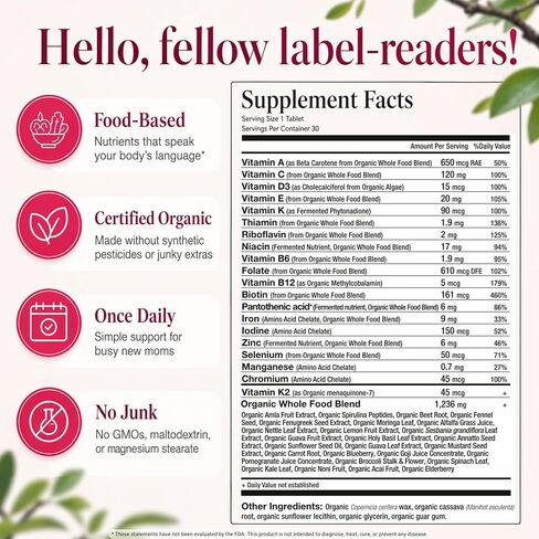 Mama Natural Organic Postnatal Vitamins for Women | One A Day Whole Food Postnatal Multivitamin for Breastfeeding & Postpartum Support | Non-GMO with Iron, Iodine & Moringa | 30 Servings in Saudi Arabia