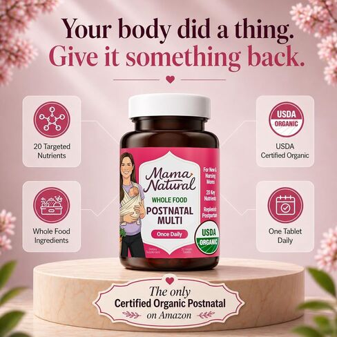 Mama Natural Organic Postnatal Vitamins for Women | One A Day Whole Food Postnatal Multivitamin for Breastfeeding & Postpartum Support | Non-GMO with Iron, Iodine & Moringa | 30 Servings in Saudi Arabia