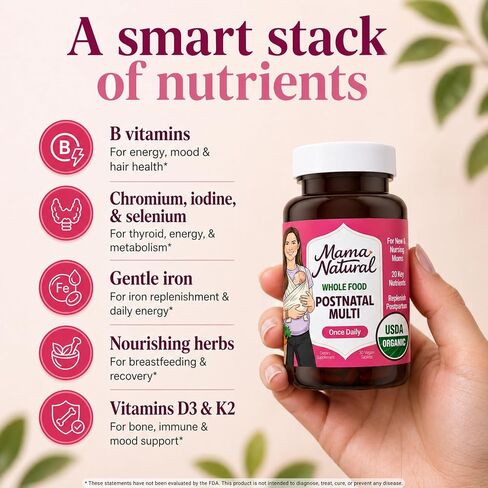 Mama Natural Organic Postnatal Vitamins for Women | One A Day Whole Food Postnatal Multivitamin for Breastfeeding & Postpartum Support | Non-GMO with Iron, Iodine & Moringa | 30 Servings in Saudi Arabia